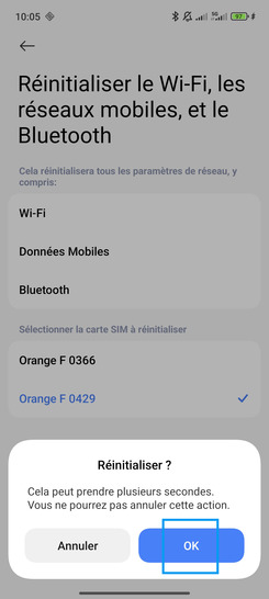 Étape 5 : Confirmez la réinitialisation avec OK.