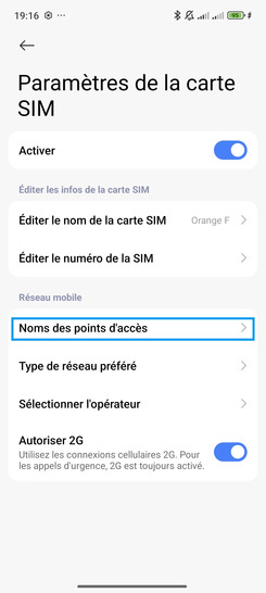 Étape 4 : Sélectionnez Noms des points d'accès (correspondant à l'une des cartes si usage double SIM).