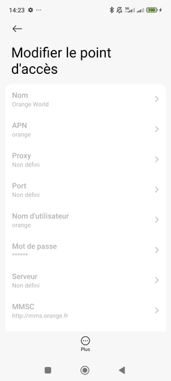 Étape 6 : Vérifiez les données de paramétrage du profil Orange World.- Nom : Orange World- APN : orange- Proxy : non défini- Port : non défini- Nom d'utilisateur : orange- Mot de passe : orange (masqué)- Serveur : non défini- MMSC : non défini- Proxy MMS : non défini- Port MMS : non défini- MCC : 208- MNC : 01- Type d'authentification : PAP ou CHAP- Type d'APN : default,supl,fota,wap- Protocole APN : IPv4- Protocole APN en itinérance : IPv4- Activer/désactiver APN : activé (information grisée)- Réseau : non spécifié- Type MVNO : aucun- Valeur MVNO : non défini (information grisée)Revenez sur l'écran d'accueil si la configuration est correcte.Si les paramètres sont erronés, vous devrez créer un nouvel APN Orange.Nous espérons que ces instructions vous aideront à profiter pleinement de votre service MMS. Chez Orange, votre satisfaction est notre priorité.