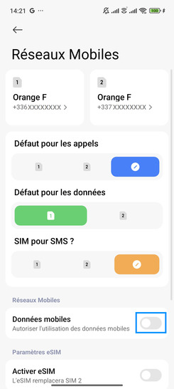 Étape 3 : Si les données mobiles son désactivées, faîtes glisser le curseur Données mobiles vers la droite pour les activer.par défaut, les données mobiles en France sont activées.