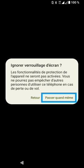 Étape 15 : Définition d'un code (premier écran absent car capture impossible) : dans le cadre de notre démonstration, sélectionnez Ignorer.Sur l'écran suivant, prenez connaissance de l'avertissement et sélectionnez Passer quand même.
