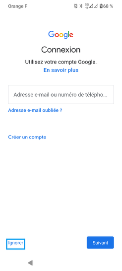 Étape 11 : Connexion compte Google : allez sur Ignorer.