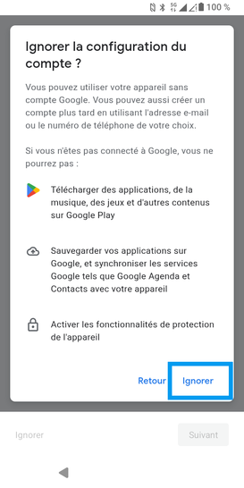 Étape 13 : Confirmez la non-configuration du compte avec Ignorer.