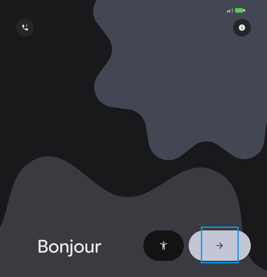 Étape 1 : Cliquez sur la Flèche.modifiez la langue au préalable, si nécessaire.lors de la configuration du mobile le Thème sombre est activé par défaut.