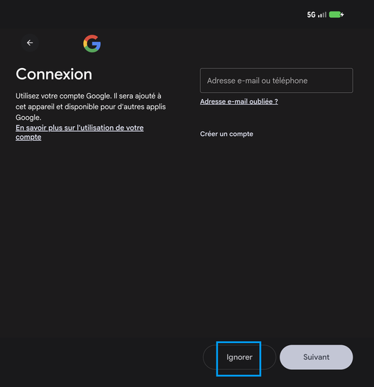 Étape 8 : Ici, sélectionnez Ignorer quant à l'utilisation d'un compte Google.