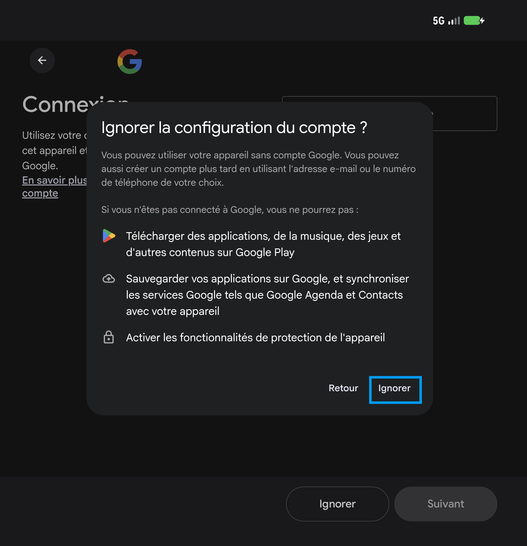 Étape 9 : Confirmez votre choix avec Ignorer.Les deux étapes suivantes proposent de définir un code, dans le cadre de notre exemple, sélectionnez Ignorer puis Passer.