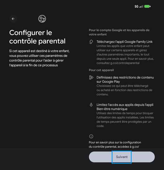 Étape 12 : Configurer le contrôle parental, allez sur Suivant.