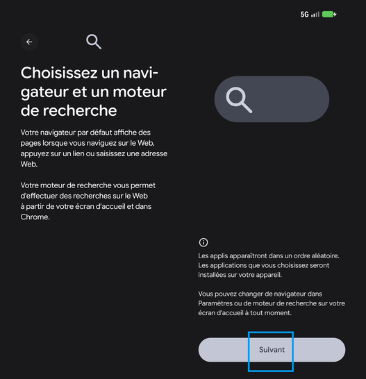 Étape 14 : Choisissez un navigateur et un moteur de recherche, cliquez sur Suivant.