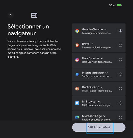 Étape 15 : Sélectionnez le navigateur et appuyez sur Définir par défaut.