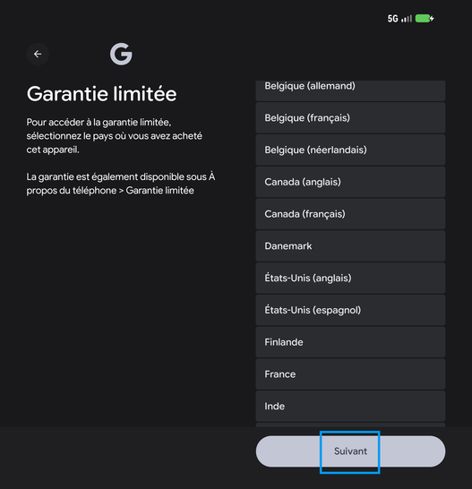 Étape 17 : Garantie limitée, poursuivez avec Suivant.