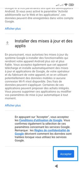 Étape 12 : Gérez les Services Google : après consultation, validez ou non les critères proposés, puis validez avec Accepter.par défaut, les services sont activés.