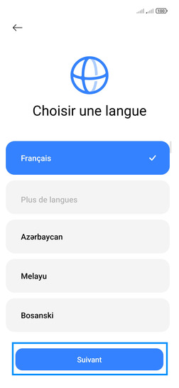 Étape 2 : Définissez une langue d'utilisation (ici, Français) et continuez avec Suivant.