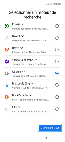 Étape 15 : Définissez un moteur de recherche, puis continuez avec Définir par défaut.
