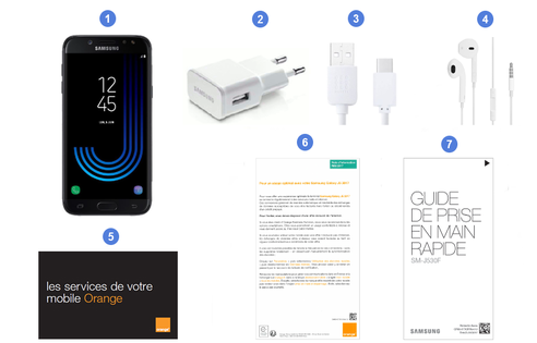 Samsung Galaxy J5 2017, contenu du coffret.