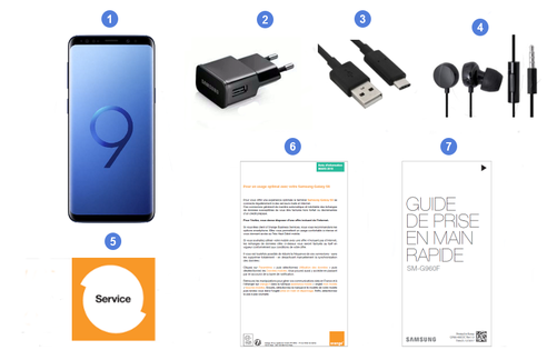 Samsung Galaxy S9, contenu du coffret.