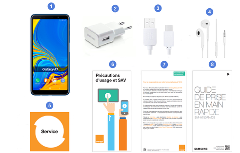 Samsung Galaxy A7 2018, contenu du coffret.