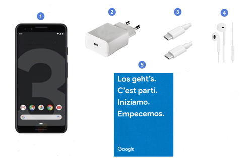 Google Pixel 3, contenu du coffret.