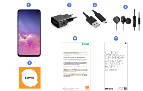 Samsung Galaxy S10e, contenu du coffret.