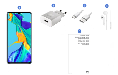 Huawei P30, contenu du coffret.