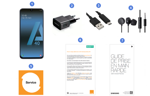 Samsung Galaxy A40, contenu du coffret.