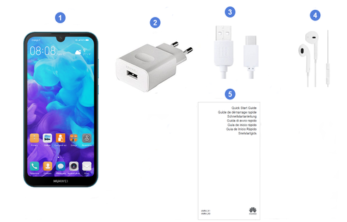 Huawei Y5 2019, contenu du coffret.