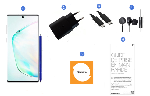 Samsung Galaxy Note10, contenu du coffret.