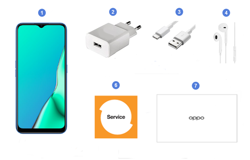 Oppo A9 2020, contenu du coffret.