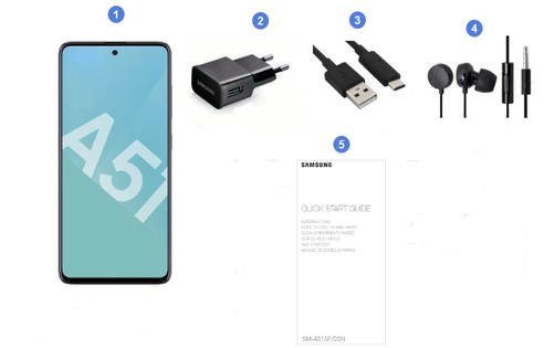 Samsung Galaxy A51, contenu du coffret.