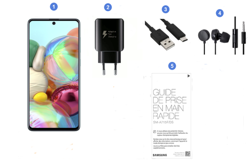 Samsung Galaxy A71, contenu du coffret.
