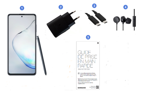 Samsung Galaxy Note 10 Lite, contenu du coffret.