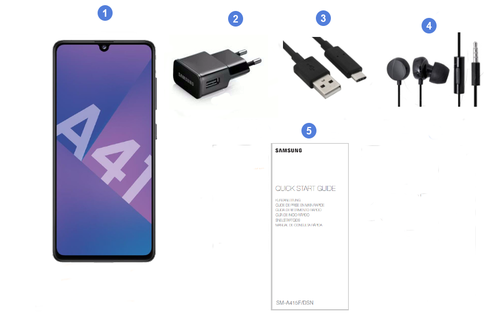 Samsung Galaxy A41, contenu du coffret.