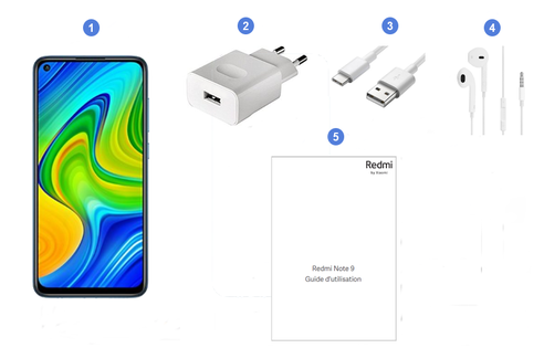 Xiaomi Redmi Note 9, contenu du coffret.