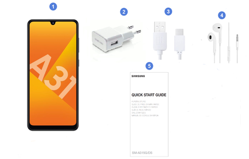 Samsung Galaxy A31, contenu du coffret.