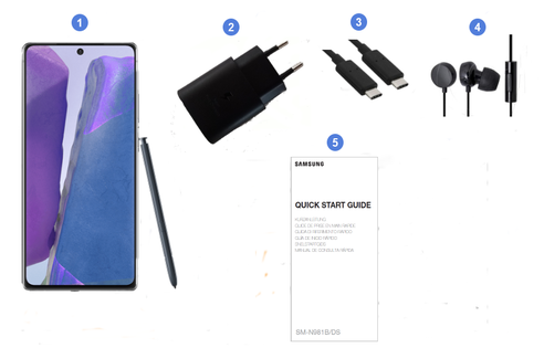 Samsung Galaxy Note 20 5G, contenu du coffret.