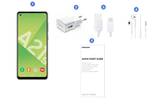 Samsung Galaxy A21s, contenu du coffret.