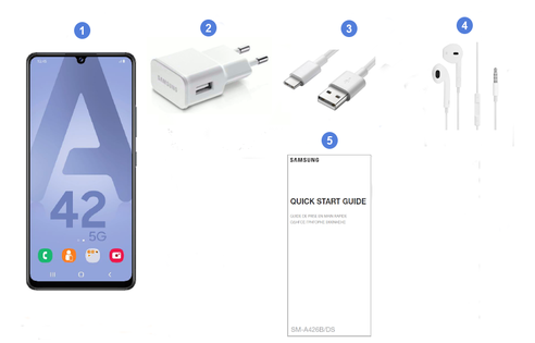 Samsung Galaxy A42 5G, contenu du coffret.