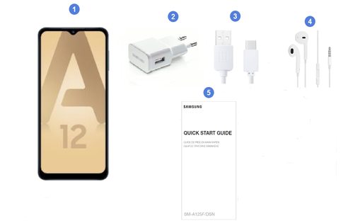 Samsung Galaxy A12, contenu du coffret.