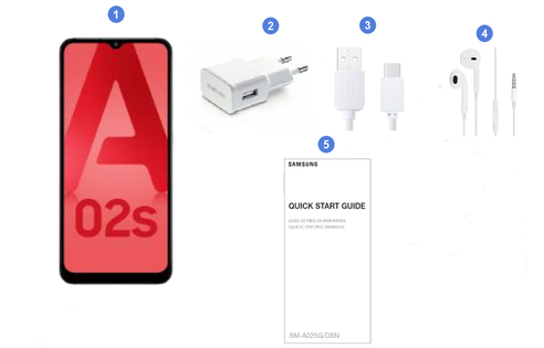 Samsung Galaxy A02s, contenu du coffret.