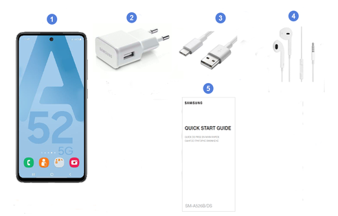 Samsung Galaxy A52 5G, contenu du coffret.
