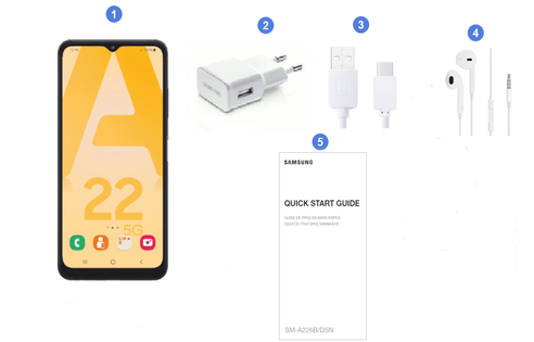 Samsung Galaxy A22 5G, contenu du coffret.