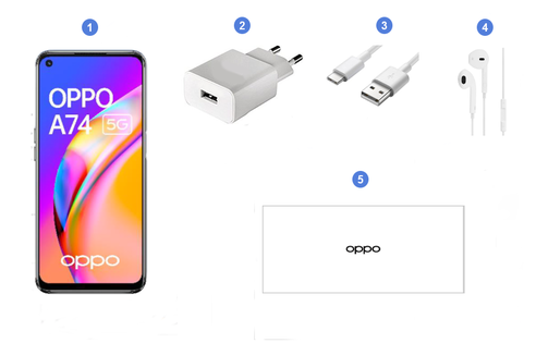 Oppo A74 5G, contenu du coffret.